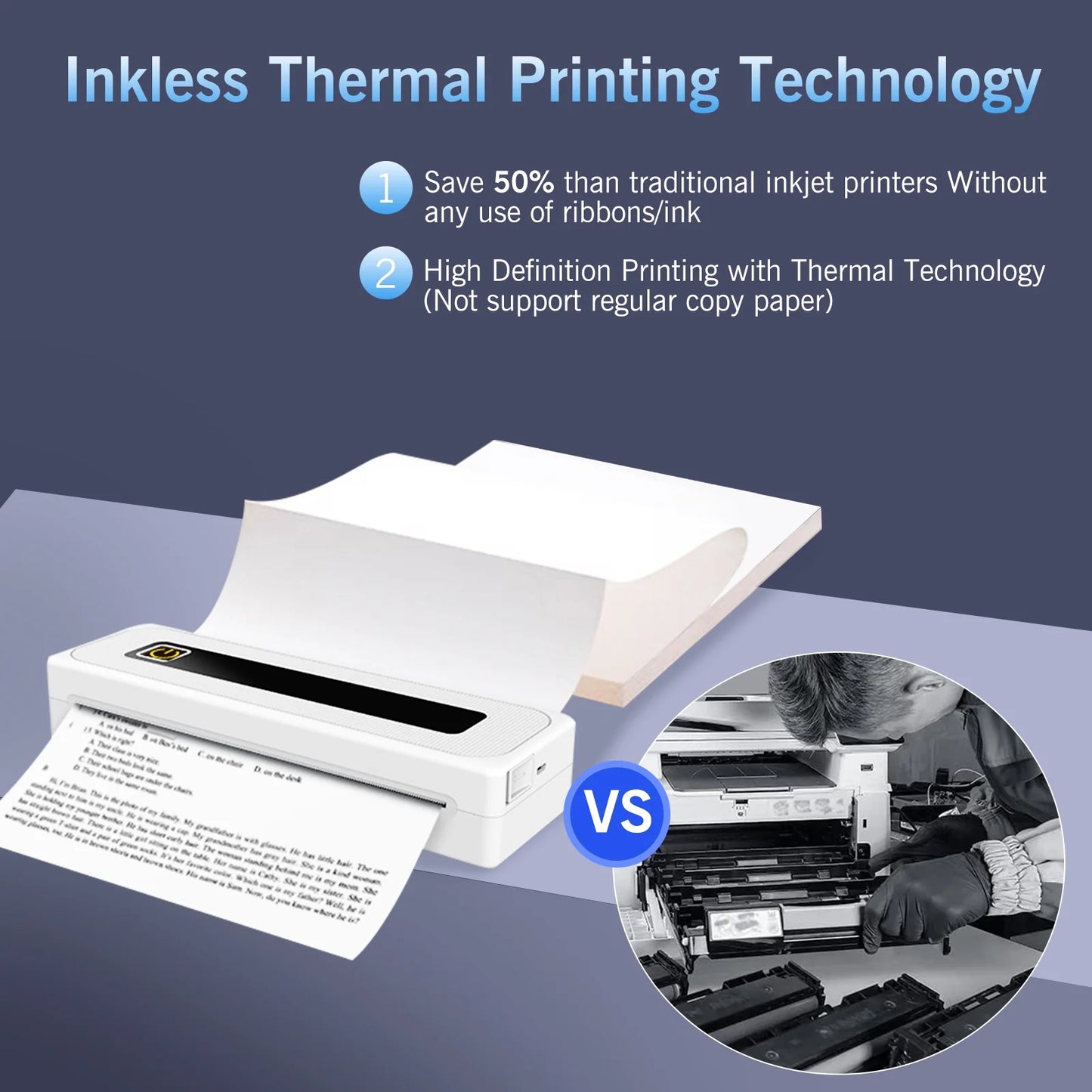 Portable Thermal Printer, Mobile Bluetooth Inkless Printer for Travel Home Use, Support US Letter/A4/8.5"x11" Thermal Paper, Compatible with Android iOS Phone & Laptop