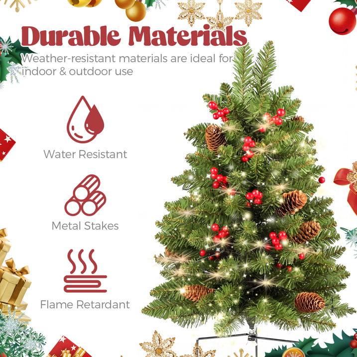 2 Pack 30 inch Prelit Outdoor Christmas Tree, Small Pre-Decorated Green Xmas Tree with Cones & Red Berries, 30 Warm Lights, Urn Filler Holiday Decor for Entrance Driveway, Yard, Garden