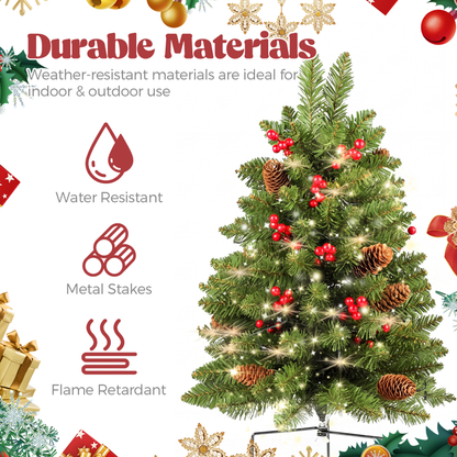 2 Pack 30 inch Prelit Outdoor Christmas Tree, Small Pre-Decorated Green Xmas Tree with Cones & Red Berries, 30 Warm Lights, Urn Filler Holiday Decor for Entrance Driveway, Yard, Garden