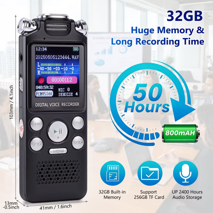 32GB Digital Voice Recorder with Playback, 1000 Hours Audio Recording Device, Voice Activated Recorder w/ Noise Reduction,A-B Repeat, MP3 Player and Password for Lectures Meeting/Classes/Interviews