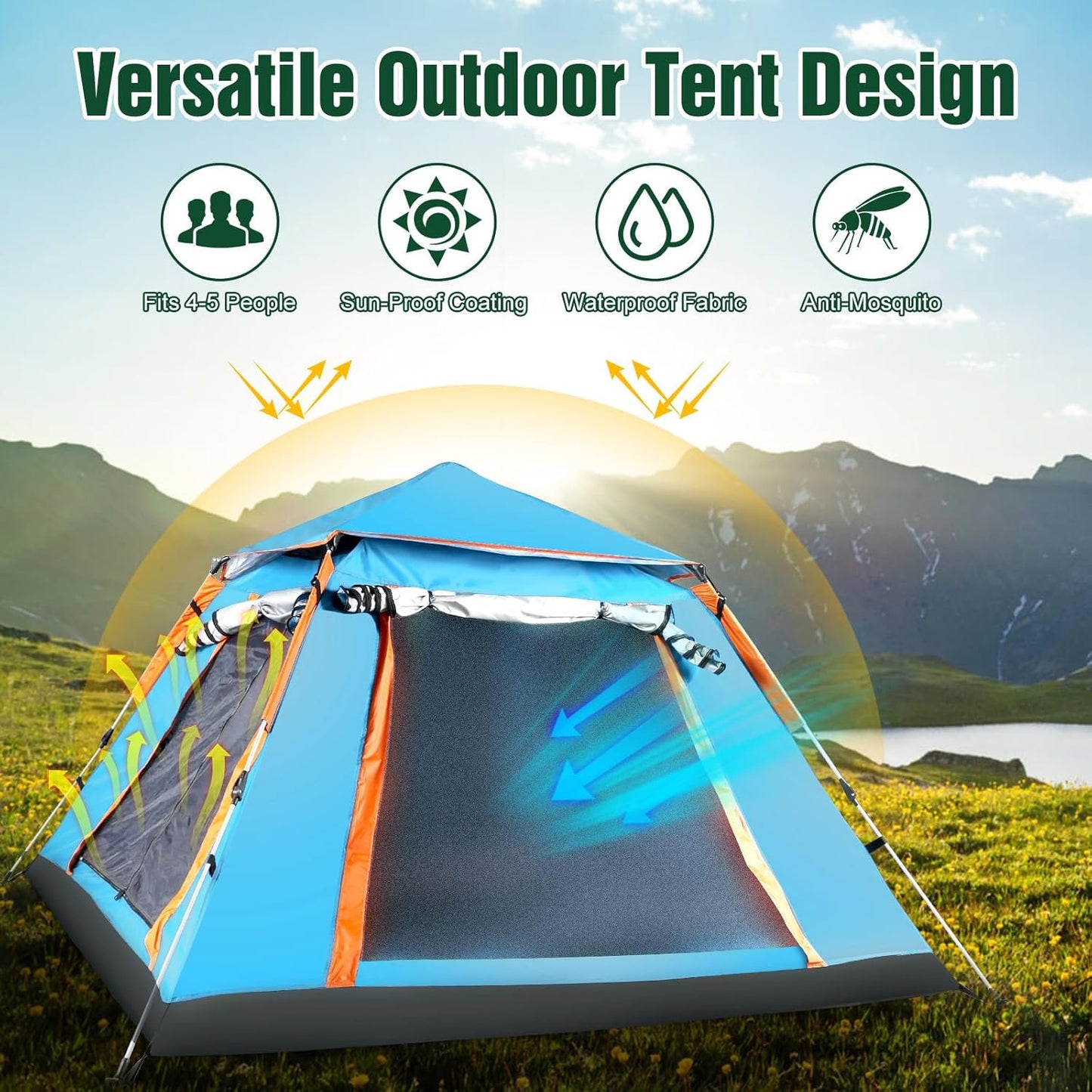 Pop up Canopy Large Instant Camping Tent, Blue 4-5 Person Family Tents for Camping with 4 Doors,7.87'x7.87'x5.1' Anti-UV Waterproof Easy Setup Camping Tent for Outdoor Beach Picnic Hiking Backpacking,Blue