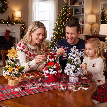 3 Pack Artificial Mini Tabletop Christmas Trees 7.9" Small Snowy Flocked Artificial Cedar Trees with Berries Ball Ornaments and Wood Bases for Home Office Holiday Table Centerpiece Mantel Decor