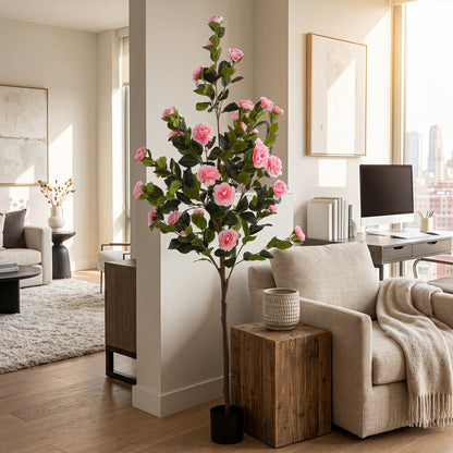 6FT Artificial Camellia Tree Faux Plants Indoor, with Easy Assembly, Low Maintenance, Ideal for Both Indoor Decoration and Other Purposes, Perfect Porch Christmas Trees