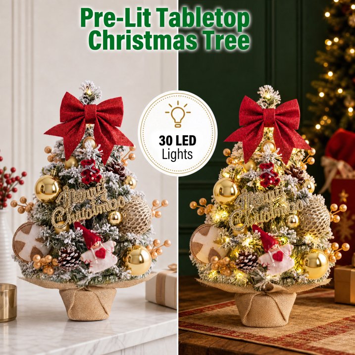 45cm Snow Flocked Mini Xmas Tree with Lights/Base Pinecones Red Berries Artificial Tabletop Xmas Tree for Festive Home Decor Golden