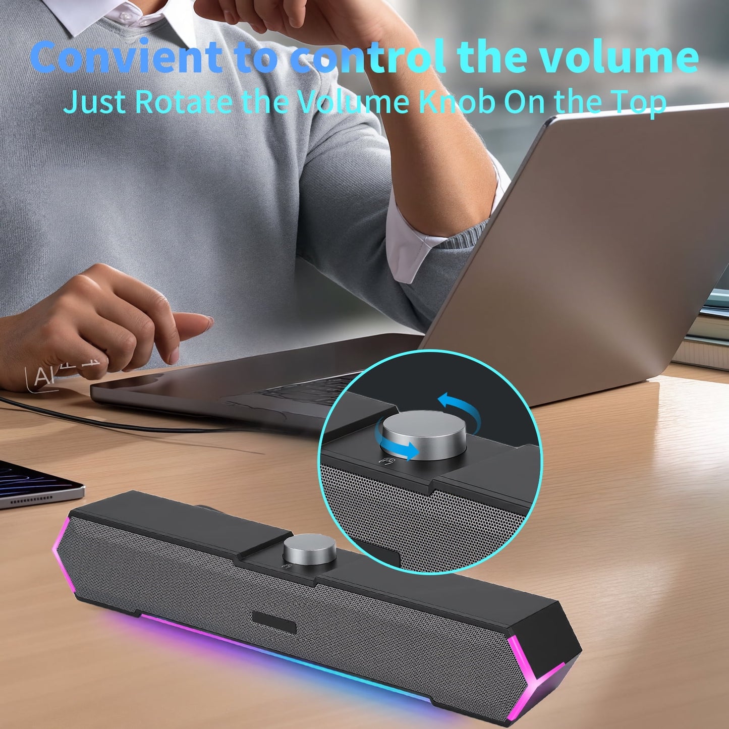 Computer Speakers for Desktop PC, 3.5mm PC Sound Bar for Desktop Monitor/Laptop, Wired USB-Powered Gaming Speakers with Colorful LED Light, Touch-Control Backlit w/ Volume Knob, Plug and Play