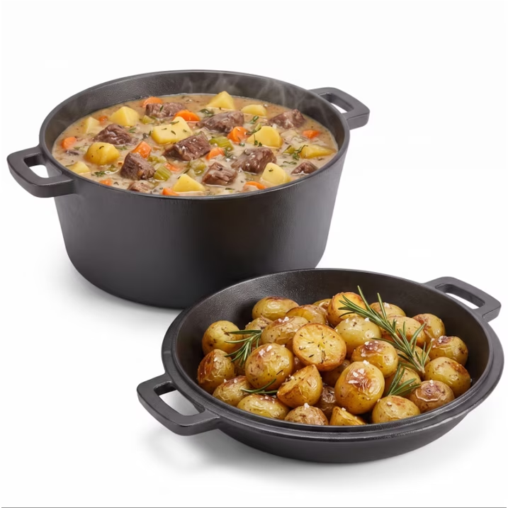 5.5QT Pre-Seasoned Cast Iron Dutch Oven with Lid, Ideal for Bread Baking, Sourdough, Frying, BBQ & Camping - Dual Handles, Skillet Pan Set for Indoor & Outdoor Use