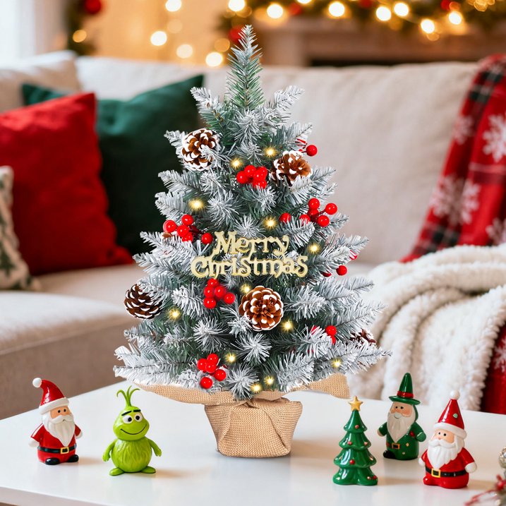 Mini Artificial Xmas Tree Set Small Tabletop Xmas Tree with Red Berries Pine Cones Lights Holiday Home Decoration