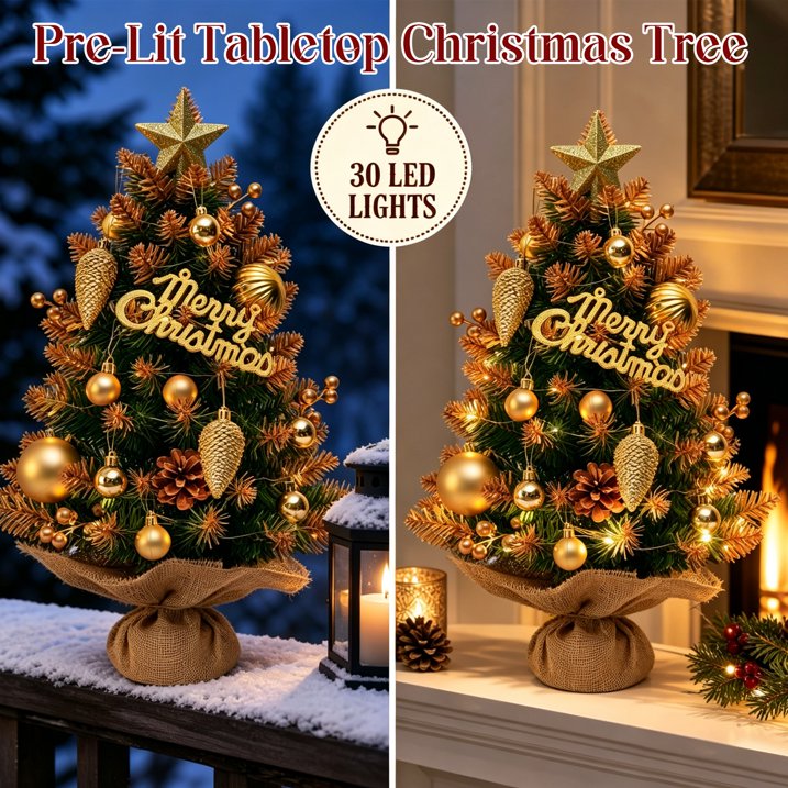Mini Christmas Tree Tabletop Set with LED Lights, Artificial Small Christmas Tree with Star Treetop, Berries Pinecone, Ball Ornaments, DIY Xmas Decorations for Home Office and Indoor Festive Displays