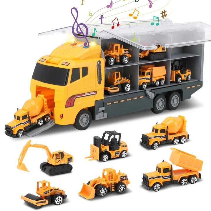 7 in 1 Construction Truck Vehicle Toy Set for Toddler Boy 1 2 3 4 5 Year Old, Die-Cast Toy Car Carrier Truck for Kids w/ Light & Sound Function, Alloy Metal Car Toys Birthday Gifts for 3-9 Boys Girls