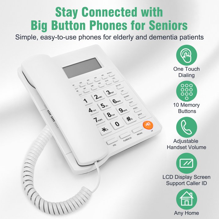 Corded Telephone with Caller ID, Landline Phone Call Waiting Caller ID Memory, Last Number Redial, Big Buttons, Adjustable Volume, Speakerphone for Home Office Hotel & Small Business Use, White