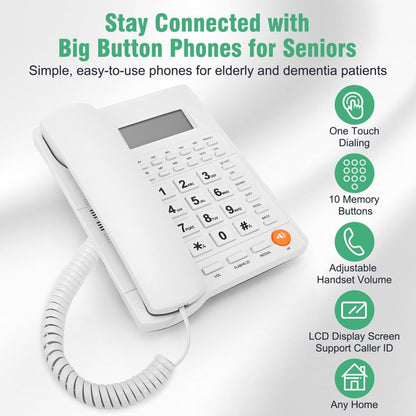 Corded Telephone with Caller ID, Landline Phone Call Waiting Caller ID Memory, Last Number Redial, Big Buttons, Adjustable Volume, Speakerphone for Home Office Hotel & Small Business Use, White