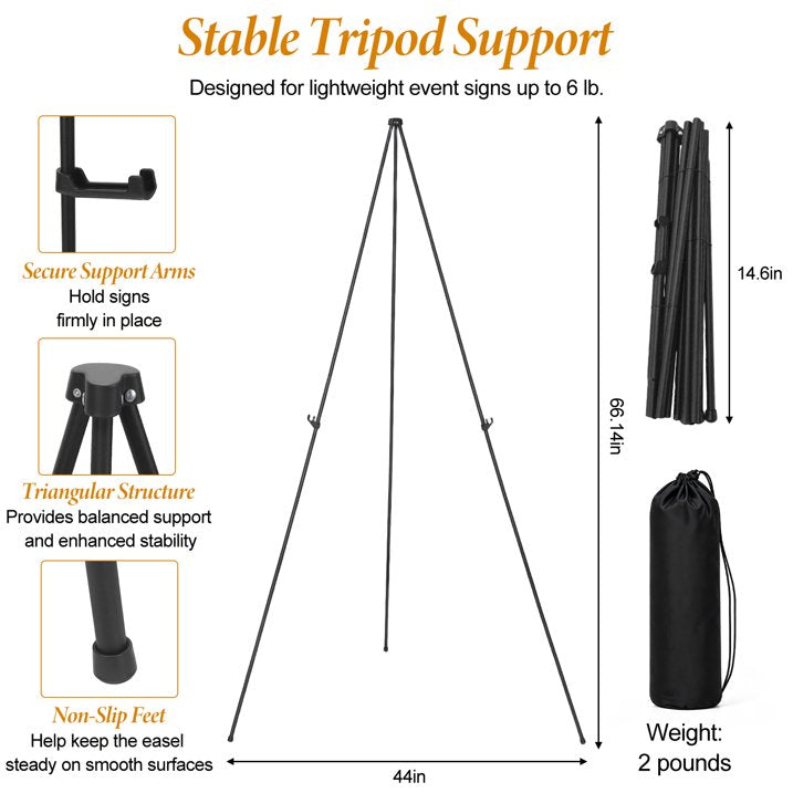 66 inches Easel Stand for Sign, Black, with Carry Bags, Lightweight Metal Display Easel & Poster Stand, Adjustable Portable Easels for Display, Arts, Posters, Wedding Sign (Supports 5 Pounds)