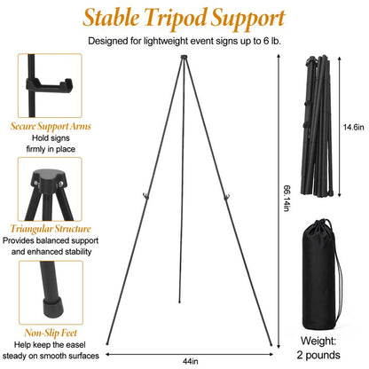 66 inches Easel Stand for Sign, Black, with Carry Bags, Lightweight Metal Display Easel & Poster Stand, Adjustable Portable Easels for Display, Arts, Posters, Wedding Sign (Supports 5 Pounds)