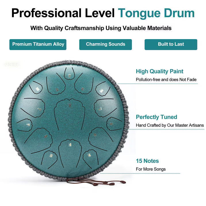 Steel Tongue Drum, 13 inches 15 Notes Tongue Drum with Handpan Drums Mallets & Carry Bag, Waterproof Meditation Rain Chime, Raindrop Drum Musical Instruments for Adult Gift, D Major, Malachite Green