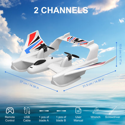 Airplane Toys RC Plane for Water Land Air, 3-in-1 Amphibious RC Boat Aircraft, 2CH Remote Control Boat with 2 Batteries, 2.4GHz RTF RC Airplane Glider for Kids Adults