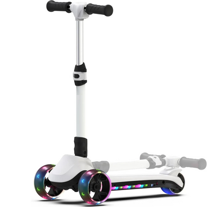 3 Wheels Electric Scooter for Kids, 3 Adjustable Heights Toddler Motorized Scooter with LED Light up Wheels and Pedal, Thumb Throttle, Powerful Motor, Foldable Kids Electric Scooter for Girls Boys