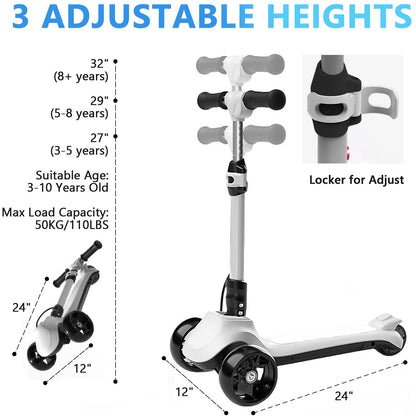 3 Wheels Electric Scooter for Kids, 3 Adjustable Heights Toddler Motorized Scooter with LED Light up Wheels and Pedal, Thumb Throttle, Powerful Motor, Foldable Kids Electric Scooter for Girls Boys