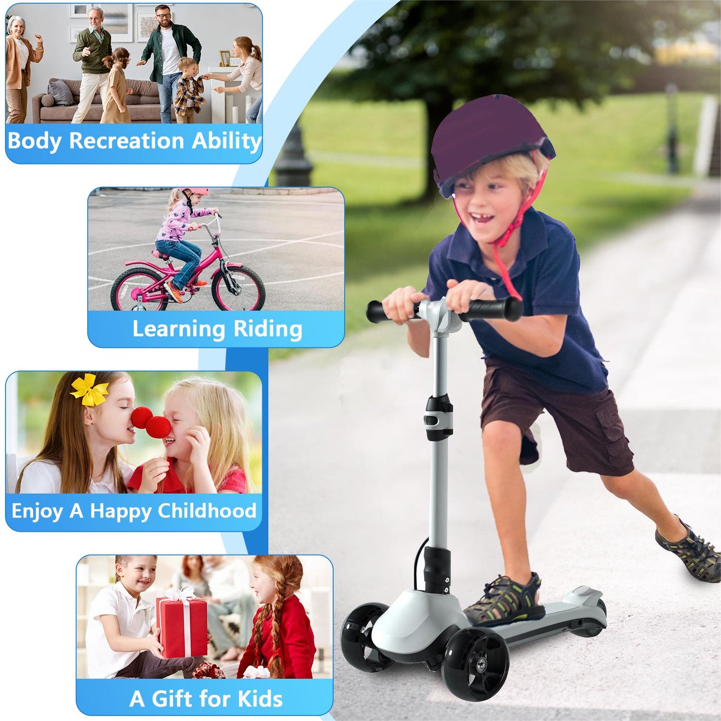 3 Wheels Electric Scooter for Kids, 3 Adjustable Heights Toddler Motorized Scooter with LED Light up Wheels and Pedal, Thumb Throttle, Powerful Motor, Foldable Kids Electric Scooter for Girls Boys