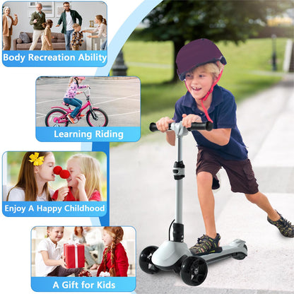 3 Wheels Electric Scooter for Kids, 3 Adjustable Heights Toddler Motorized Scooter with LED Light up Wheels and Pedal, Thumb Throttle, Powerful Motor, Foldable Kids Electric Scooter for Girls Boys
