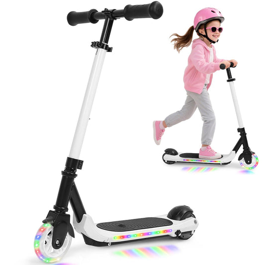Electric Scooter for Kids Ages 6-12, White Powered E Scooter with Colorful LED Lights, Foldable Electric Scooter with 3 Adjustable Height, Anti-Slip Handlebar, 60W Motor,Max 5Mile & 3Mph,up to 132lbs