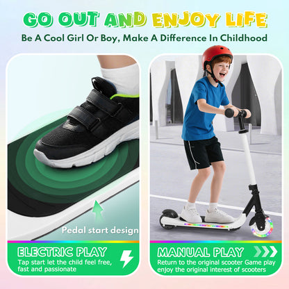 Electric Scooter for Kids Ages 6-12, White Powered E Scooter with Colorful LED Lights, Foldable Electric Scooter with 3 Adjustable Height, Anti-Slip Handlebar, 60W Motor,Max 5Mile & 3Mph,up to 132lbs
