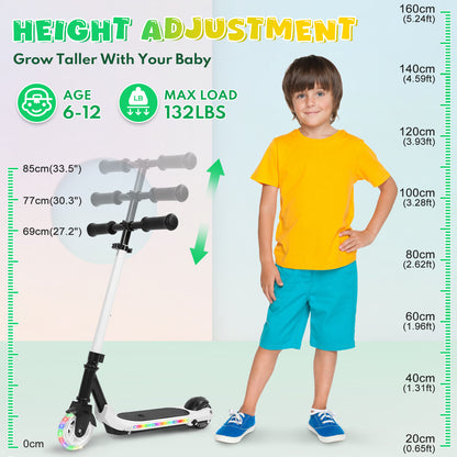 Electric Scooter for Kids Ages 6-12, White Powered E Scooter with Colorful LED Lights, Foldable Electric Scooter with 3 Adjustable Height, Anti-Slip Handlebar, 60W Motor,Max 5Mile & 3Mph,up to 132lbs