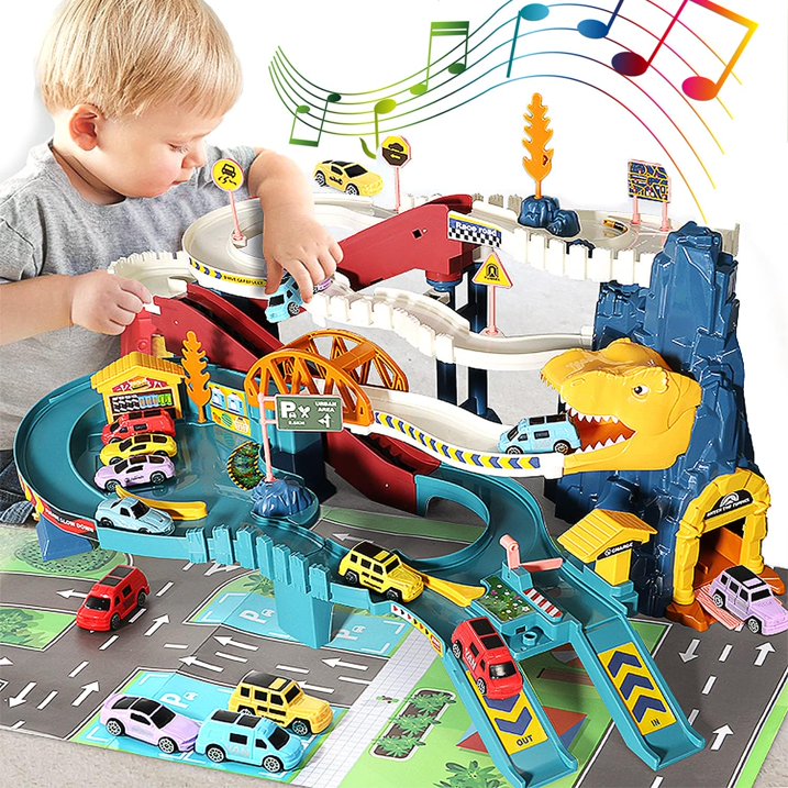Dinosaur Rail Car Toys, Dinosaur Climbing Hills Railcar Colorful Vehicles Construction Play Set w/ 4 Racer Cars & Lifting Parking Lot, Winding Highway Dinosaur Hill for Preschool Gifts Kids Ages 3+
