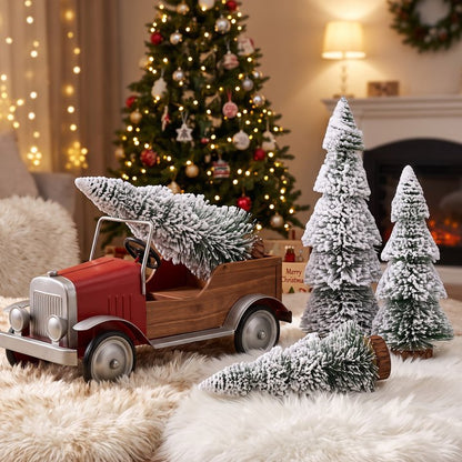 4Pcs Christmas Mini Trees with 9.8ft Light String,Artificial Snow Frost Christmas Trees in 4 Size Bottle Brush Xmas Tree w/ Wooden Base Xmas Pine Tree for Winter Holiday Party Home Table Crafts Decor