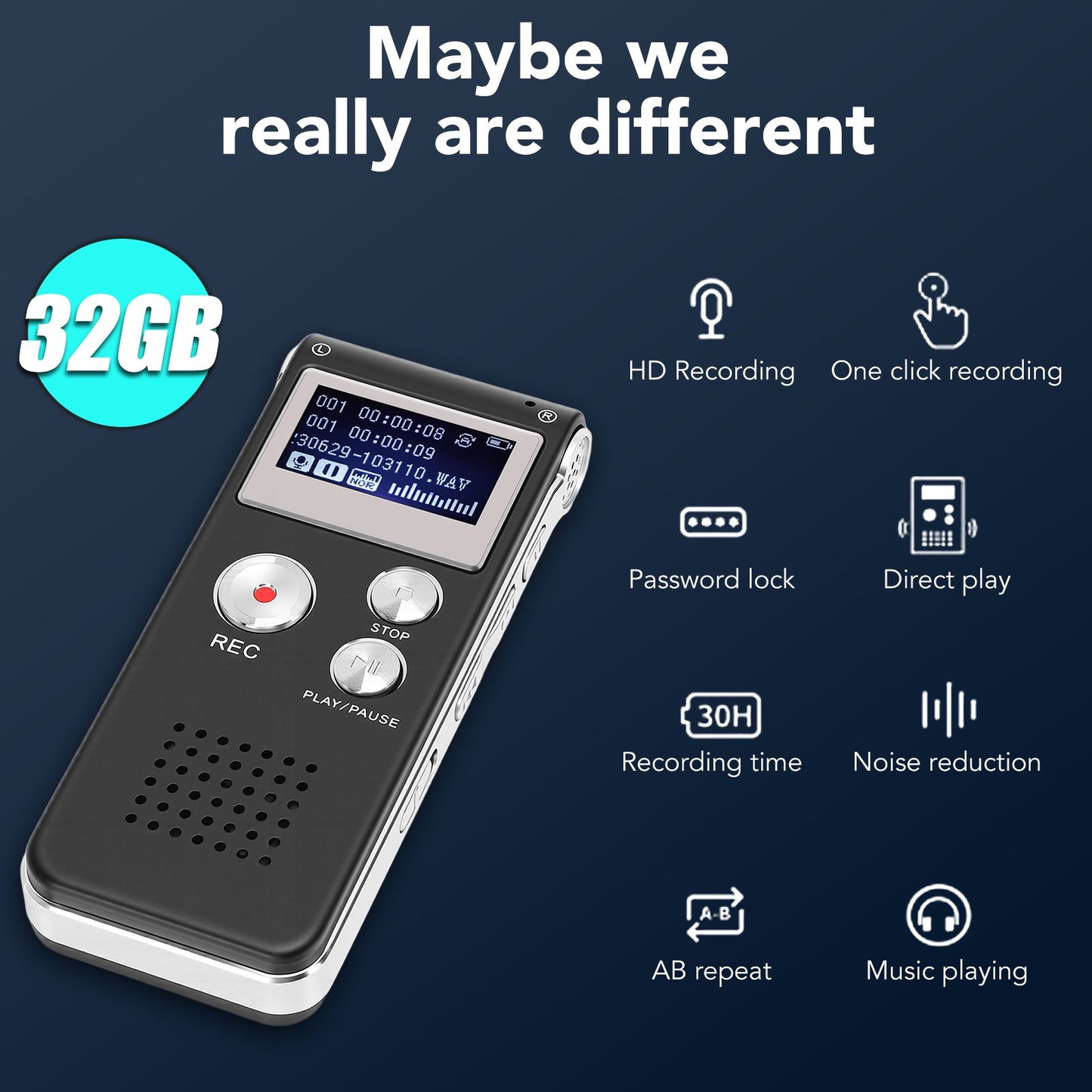 32GB Digital Voice Recorder, Voice Activated Recorder for Lectures, Meetings, Interviews Recording Device with Microphone & Playback, Small Tape Recorder Device w/ USB Cable, MP3 Player