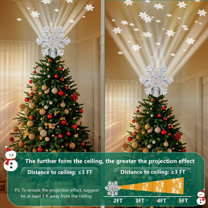Christmas Tree Toppers Lighted with 3 Projection Modes, Christmas Tree Snowflake Topper Built-in 3D Glitter LED Rotating Lights, Silver Tree Topper Christmas Decoration for Xmas Party Holiday Home