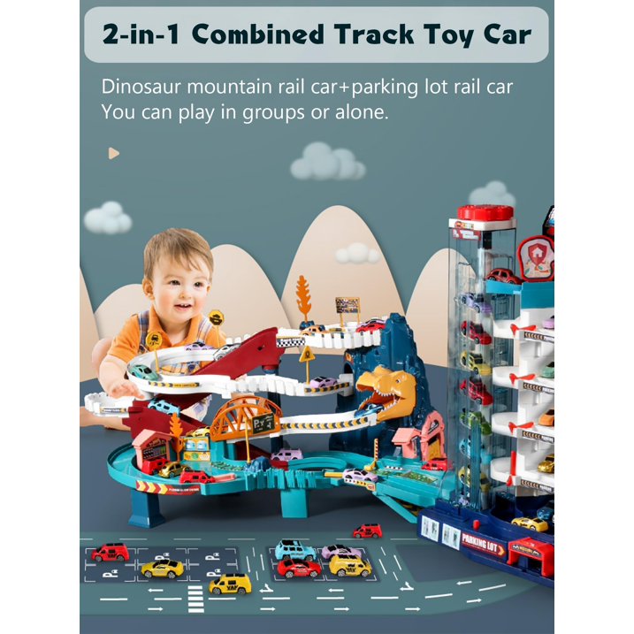 Dinosaur Rail Car Toys, Dinosaur Climbing Hills Railcar Colorful Vehicles Construction Play Set w/ 4 Racer Cars & Lifting Parking Lot, Winding Highway Dinosaur Hill for Preschool Gifts Kids Ages 3+