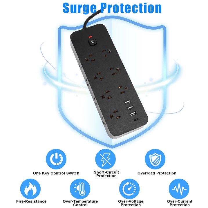 9.8ft Power Strip Surge Protector with 14 AC Outlets and 4 USB Ports for Home Office Dorm Essential, 1875W/15A Flat Plug Desktop Charging Station w/ Wall Mountable, Overload Protection, Black