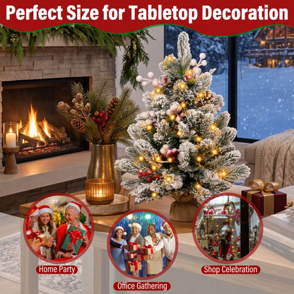 Small Xmas Tree Warm Light LED String Flocked Snow Decor Artificial Desktop Xmas Pine Tree for Home 60cm / 23.6in