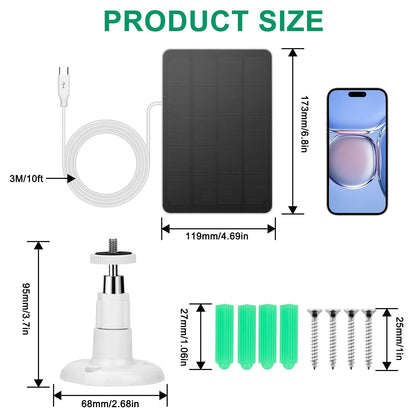 10W Solar Panel for Security Camera, USB C Port Solar Panel for 5V Outdoor Rechargeable Battery Camera Doorbell Light, 360° Adjustable Security Mount, 9.8ft Cable, IP65 Waterproof Rating