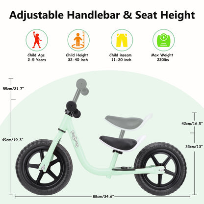 12-Inch Balance Bike No Pedal Lightweight Bike for Boys Girls 1.5 to 4 Years Old, Toddler Bike with Adjustable Seat, Carry Handle