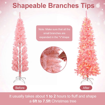 7ft Flocked Pink Pencil Christmas Tree, Pre-Lit Slim Artificial Holiday Decoration, Lighted Skinny w/Base, Warm White Lights