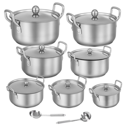 Stainless Steel Pots Sets 16-Piece, Kitchen Cookware Set Saucepan with Glass Lid Stockpot Soup Pot with 2 Ear Handle For Cooking Dishwasher, Silver