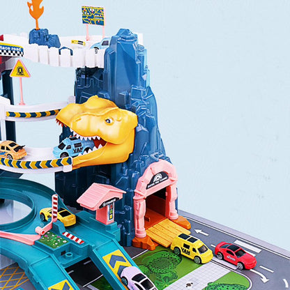 Dinosaur Rail Car Toys, Dinosaur Climbing Hills Railcar Colorful Vehicles Construction Play Set w/ 4 Racer Cars & Lifting Parking Lot, Winding Highway Dinosaur Hill for Preschool Gifts Kids Ages 3+