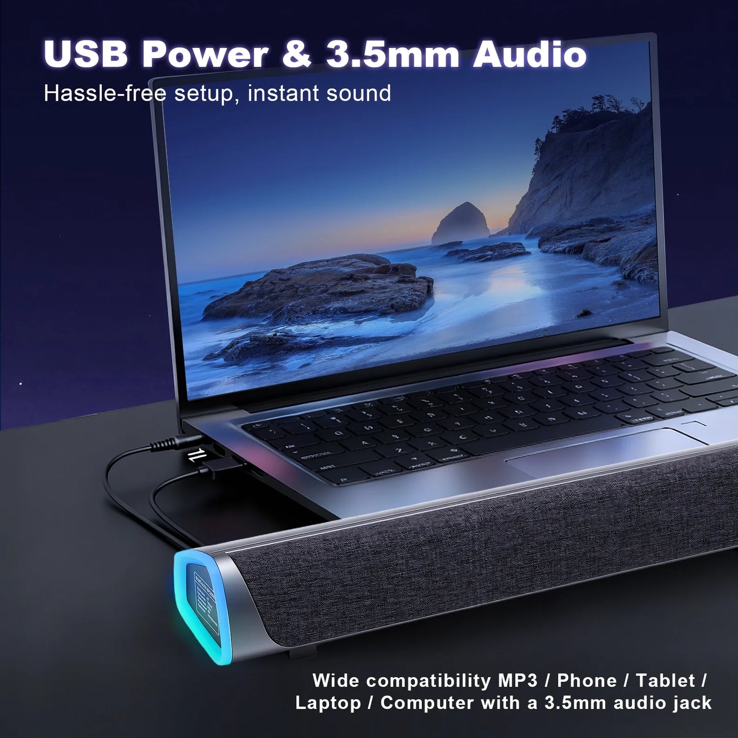 Bluetooth Computer Speakers for Desktop, Stereo Sound Soundbar for Desktop Laptop Monitor, Plug & Play PC Speakers with Dynamic LED Light & Volume Knob, USB Powered w/ 3.5mm Cable HiFi Gaming Speaker
