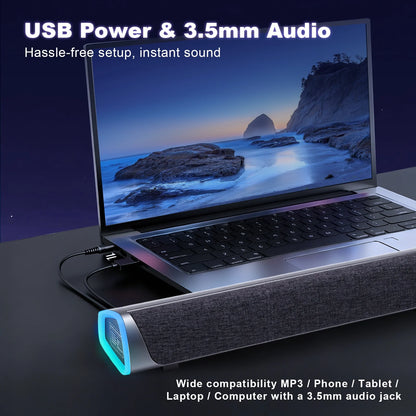 Bluetooth Computer Speakers for Desktop, Stereo Sound Soundbar for Desktop Laptop Monitor, Plug & Play PC Speakers with Dynamic LED Light & Volume Knob, USB Powered w/ 3.5mm Cable HiFi Gaming Speaker
