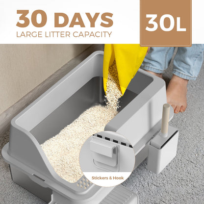 LHCER Enclosed Stainless Steel Cat Litter Box Extra Large Litter Box for Big Cats, High Side Enclosure Metal Litter Pan Tray with Scoop, Anti-Leakage, Easy Cleaning