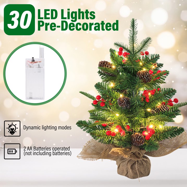 Mini Christmas Tree with LED Lights, 18 inch Small Xmas Tree with Red Berries & Pinecone, Easy Setup Table Decorations for Home, Office, Dining Table and Indoor Festive Displays