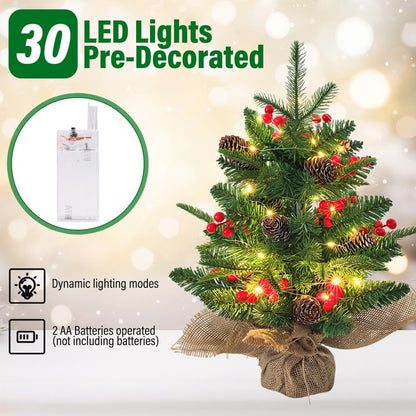 Mini Christmas Tree with LED Lights, 18 inch Small Xmas Tree with Red Berries & Pinecone, Easy Setup Table Decorations for Home, Office, Dining Table and Indoor Festive Displays