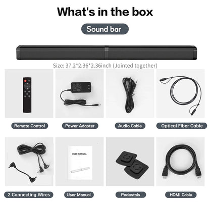 2 in 1 Separable Sound Bars for TV, Bluetooth 5.0 Surround Sound System for TV Wireless Connect, 37 Inch Soundbar for Home Theater, ARC/Optical/USB Cables & Remote TV Speakers, Wall Mountable