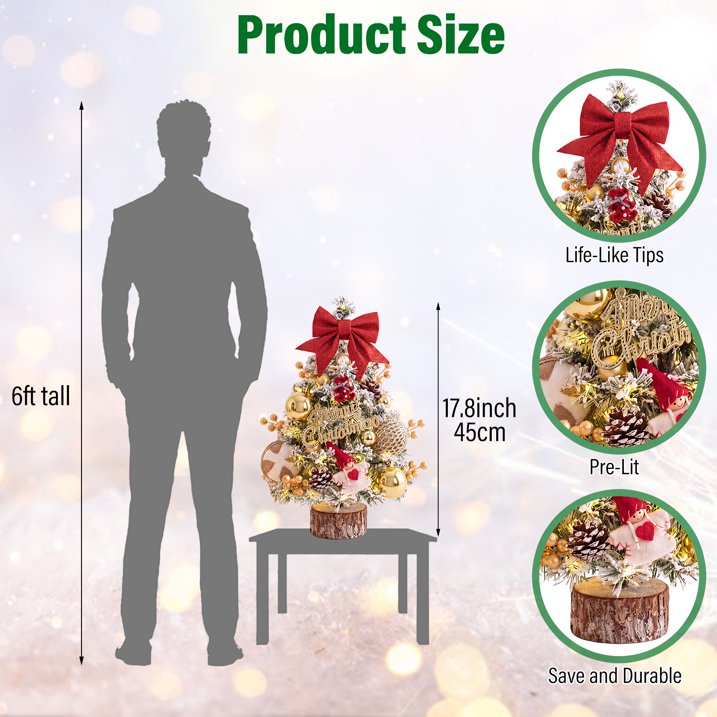 45cm Snow Flocked Mini Xmas Tree with Lights/Base Pinecones Red Berries Artificial Tabletop Xmas Tree for Festive Home Decor Golden