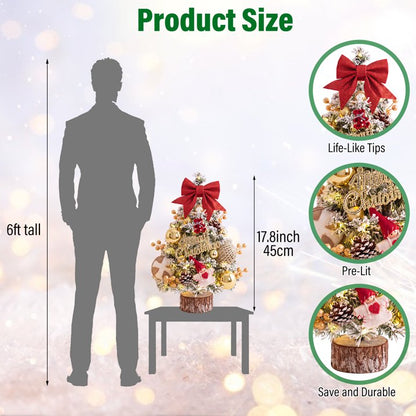 45cm Snow Flocked Mini Xmas Tree with Lights/Base Pinecones Red Berries Artificial Tabletop Xmas Tree for Festive Home Decor Golden