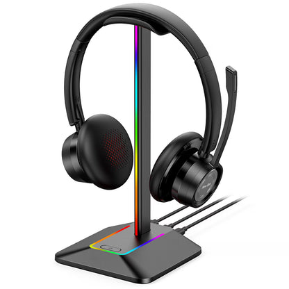 RGB Headphone Stand with 1 USB C Charging Port and 1 USB Charging Port, Non-Slip Rubber Base, Desk Gaming Headset Stand with 7 Light Modes for All Earphone Accessories, Black