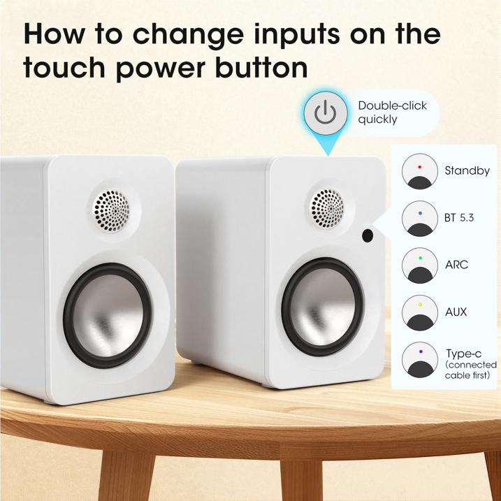 50W Powered Bookshelf Speakers, Bluetooth 5.3 Active Desktop Speakers with 3 inch Woofer, SUB OUT for External Subwoofer, ARC/Type C/AUX Inputs, Remote Control for TV PC Turntable, White