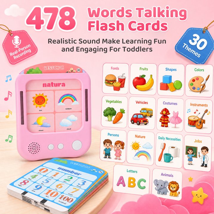Talking Flash Cards for Toddlers Ages 1‑4, 478 Words English, Montessori Language Learning Toys with 36 Themes, Children's Sensory Toys, Pocket Speech Study Device, Birthday Gift for Boys Girls