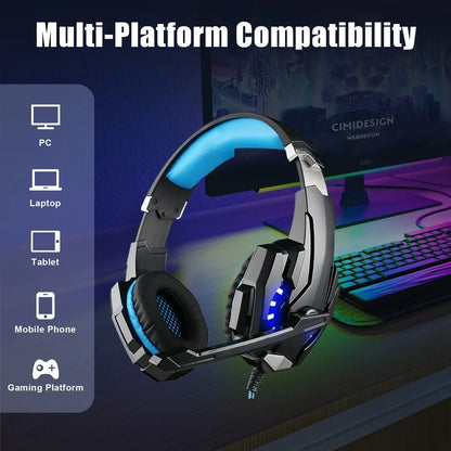 Gaming Headset for PC Laptop, Bass Surround Noise Cancelling Over Ear Headphones with Mic, Computer Headset with 3.5mm Stereo Jack & LED Light﻿, Soft Memory Earmuffs, Blue
